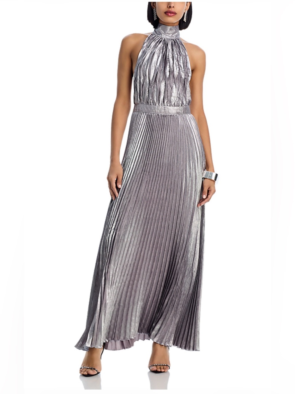 Metallic Silver Halter Pleated Maxi Dress